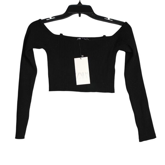 Zara New Black Off the Shoulder Crop Top‎ Long Sleeve Size Large - Picture 1 of 7